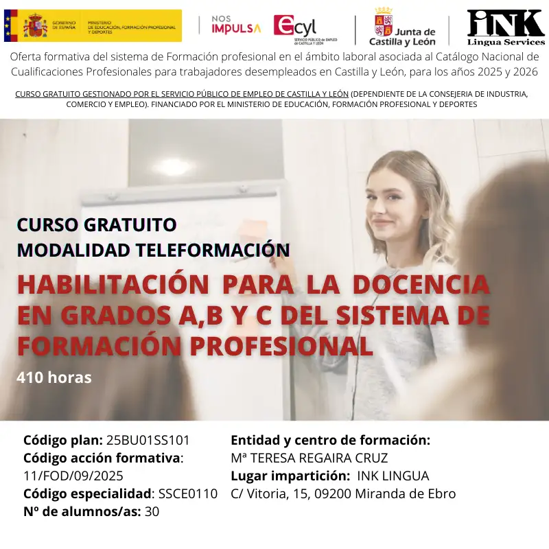 HABILITACIÓN PARA LA DOCENCIA EN GRADOS A,B Y C DEL SISTEMA DE FORMACIÓN PROFESIONAL en Burgos - teleformación