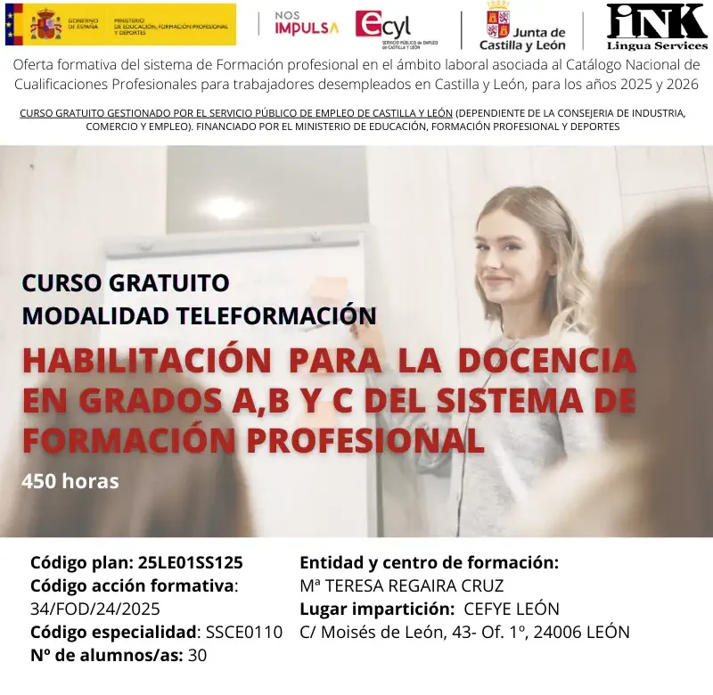 CURSO ONLINE GRATIS EN LEÓN: HABILITACIÓN PARA LA DOCENCIA EN GRADOS A,B Y C DEL SISTEMA DE FORMACIÓN PROFESIONAL
