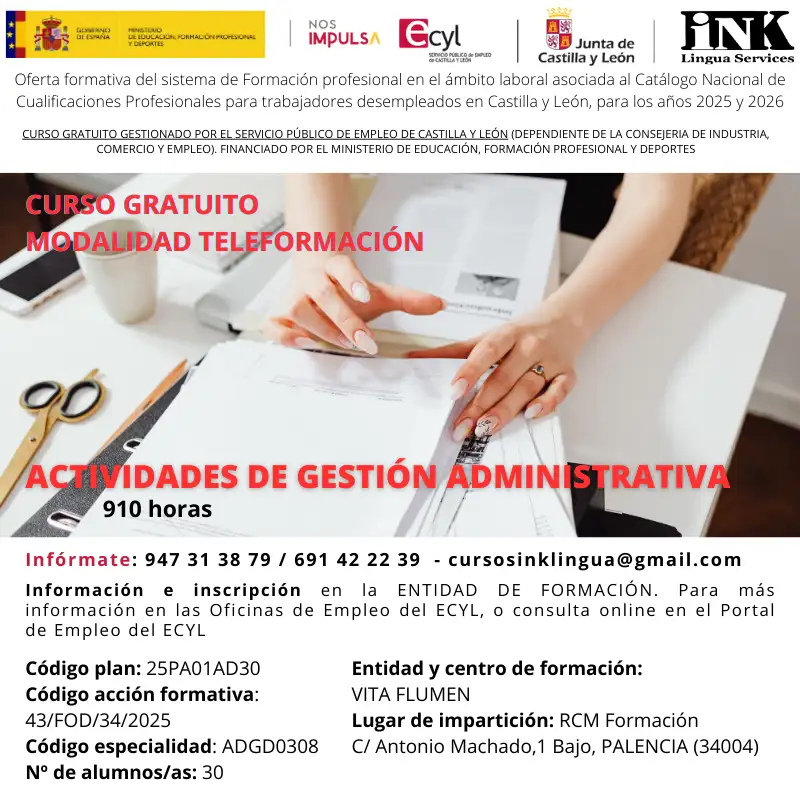 CURSO ONLINE GRATIS EN PALENCIA: ACTIVIDADES DE GESTIÓN ADMINISTRATIVA