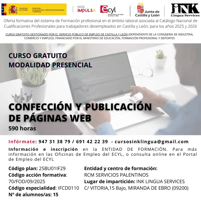 CURSO PRESENCIAL GRATIS EN PALENCIA: CONFECCIÓN Y PUBLICACIÓN DE PÁGINAS WEB